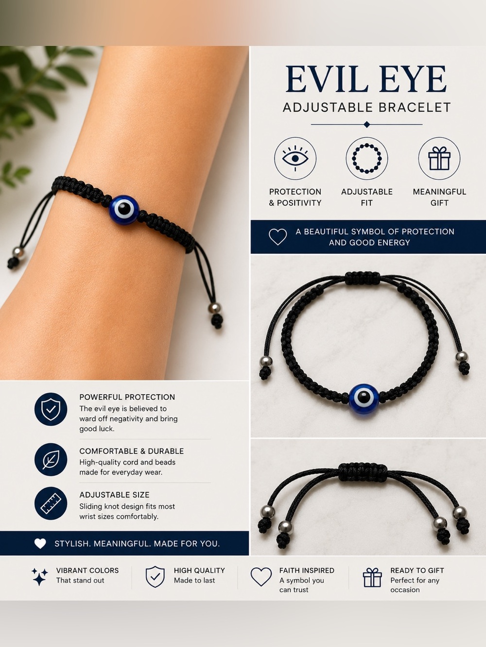 Evil Eye Adjustable Bracelet - Black Cord with Blue Eye